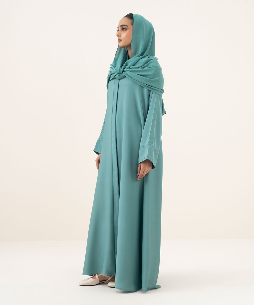 Women's turquoise button through Abaya with embroidery