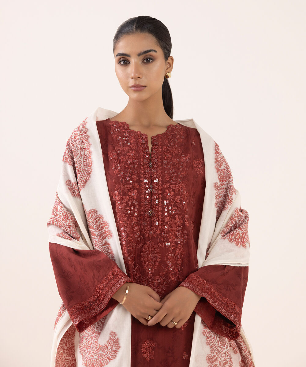 Women's Unstitched Jacquard Embroidered Maroon Three Piece Suit