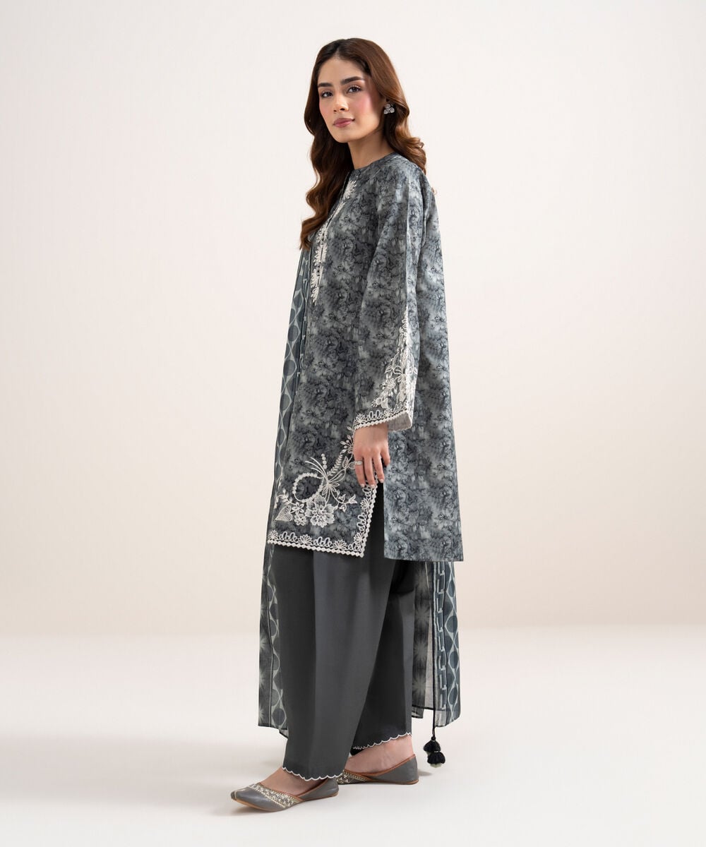 Women's Unstitched Lawn Embroidered Grey 3 Piece Suit