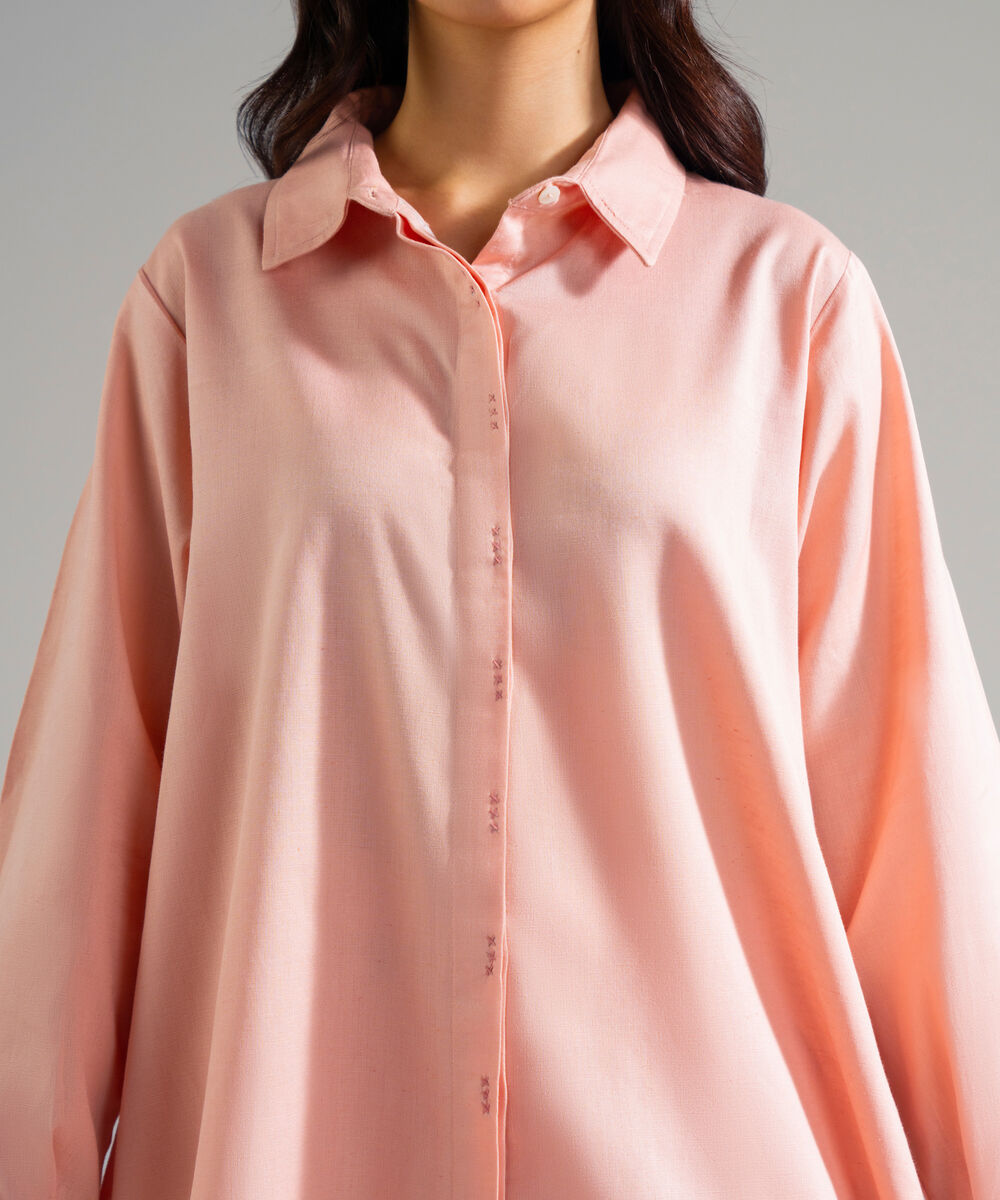 Women's RTW Cotton Linen Solid Pink 2 Piece Suit