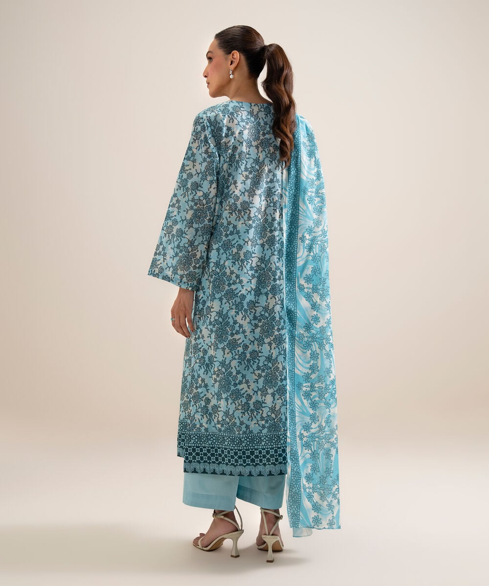 Women's Unstitched Lawn Embroidered Aqua 3 Piece Suit