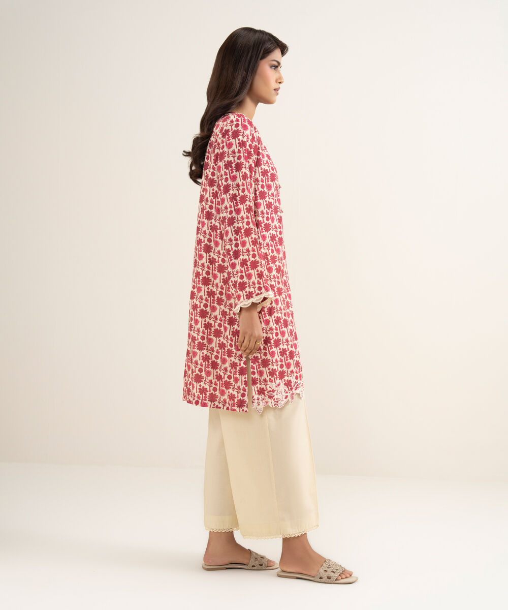 Women's RTW Viscose Raw Silk Embroidered Pink Straight Shirt