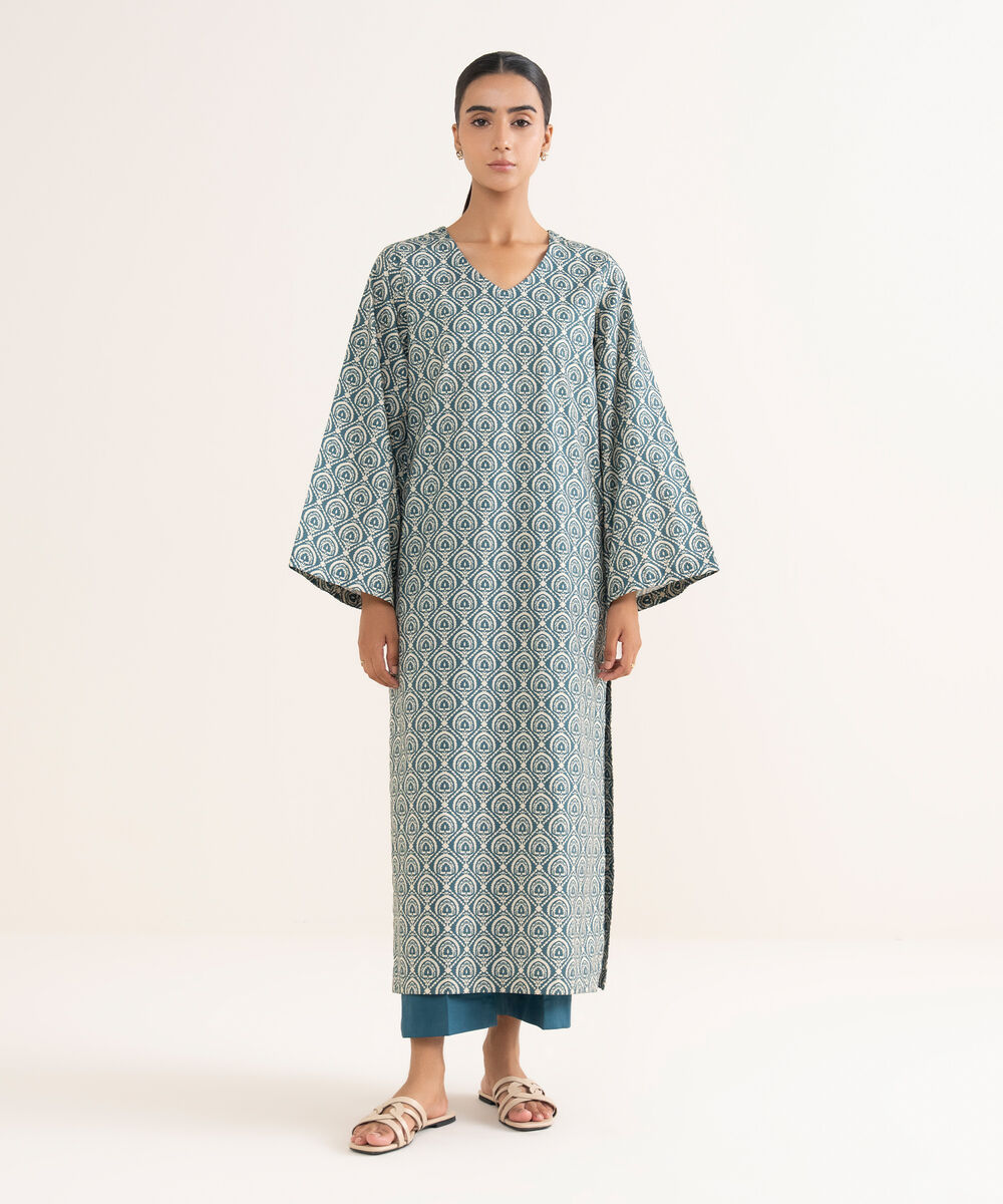 Women's Unstitched Cotton Printed Blue 2 Piece Suit