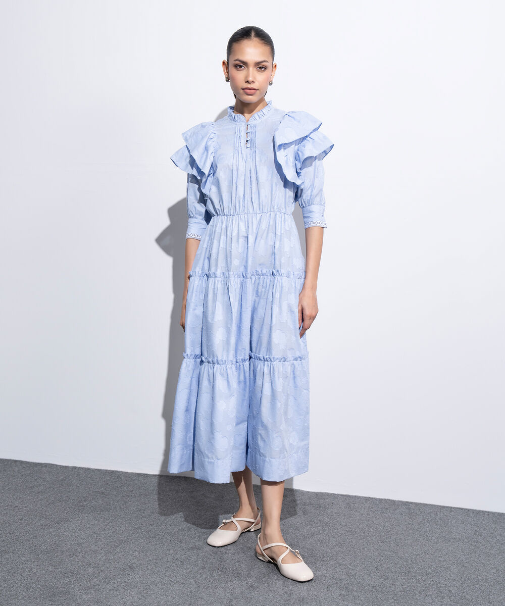 Women's Western Light Blue Tier Dress With Ruffled Details