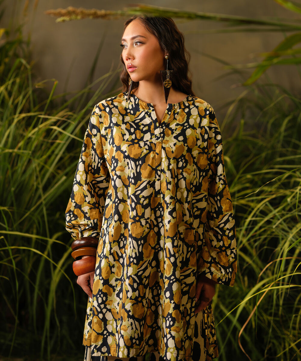 Women's RTW Cambric Brown Printed Drop Shoulder Shirt