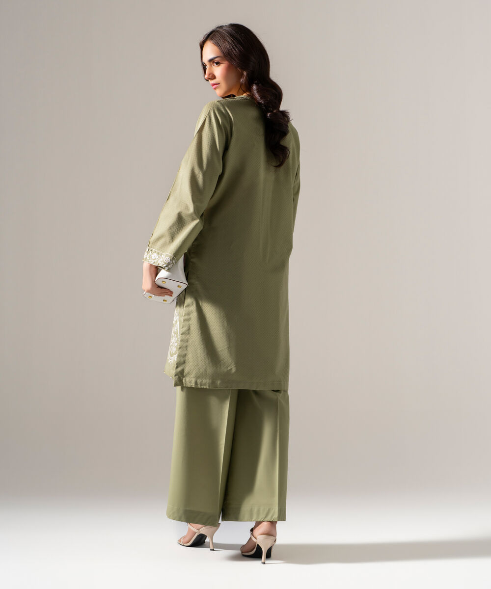 Women's RTW Dobby Solid Embroidered Green Straight Shirt
