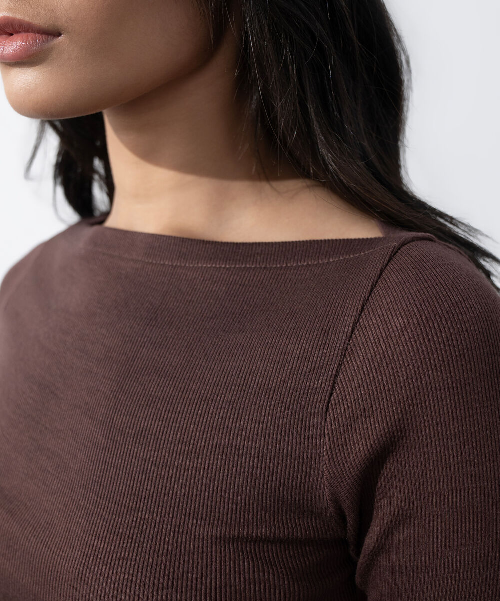 Women's Western Wear Brown Slash Neck Rib Top