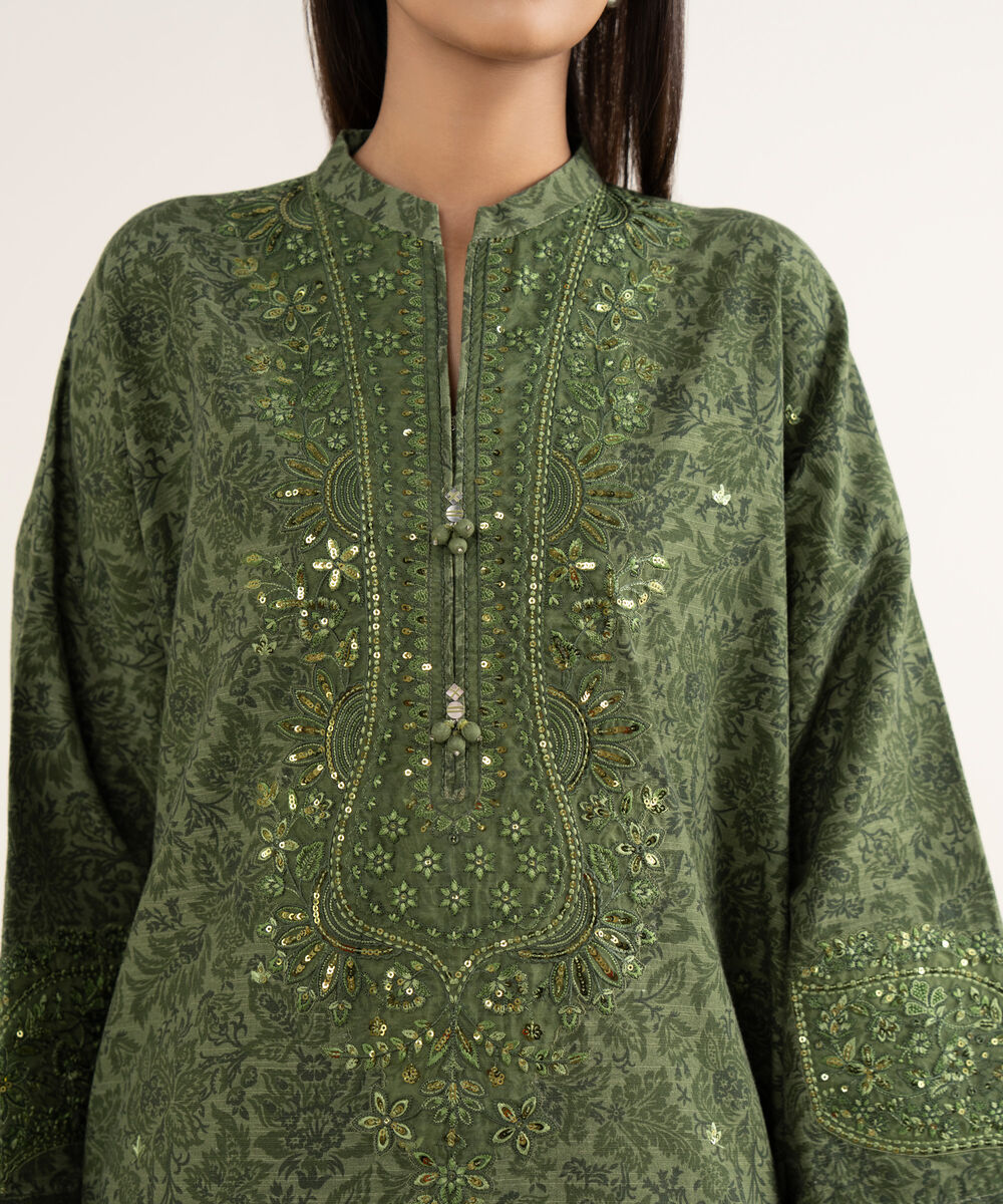 Women's Unstitched Cotton Embroidered Green 3 Piece Suit