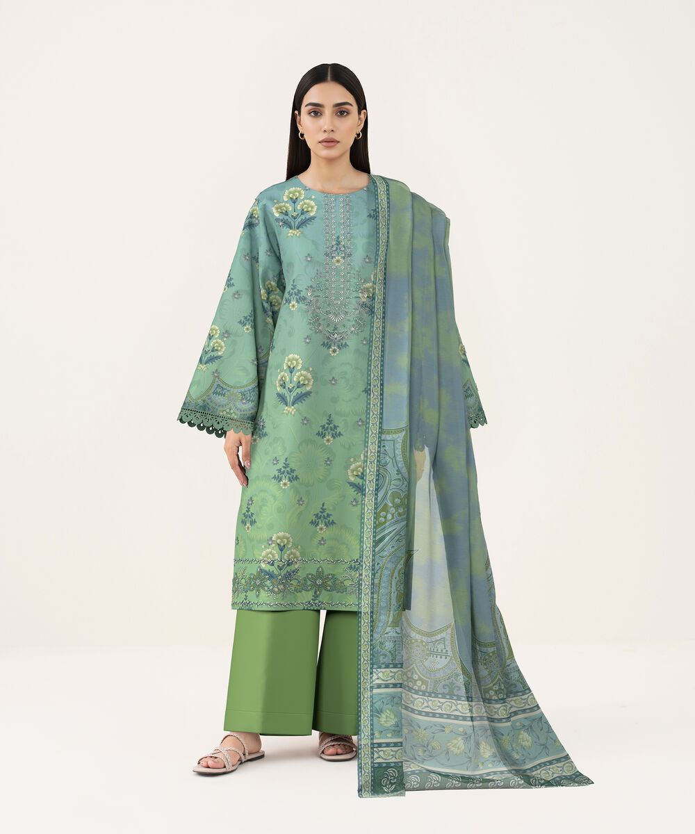 Women's Unstitched Lawn Green and Blue Embroidered 3 Piece Suit