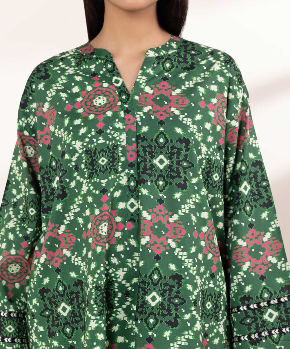 Women's RTW Cotton Viscose Green Printed Boxy Shirt