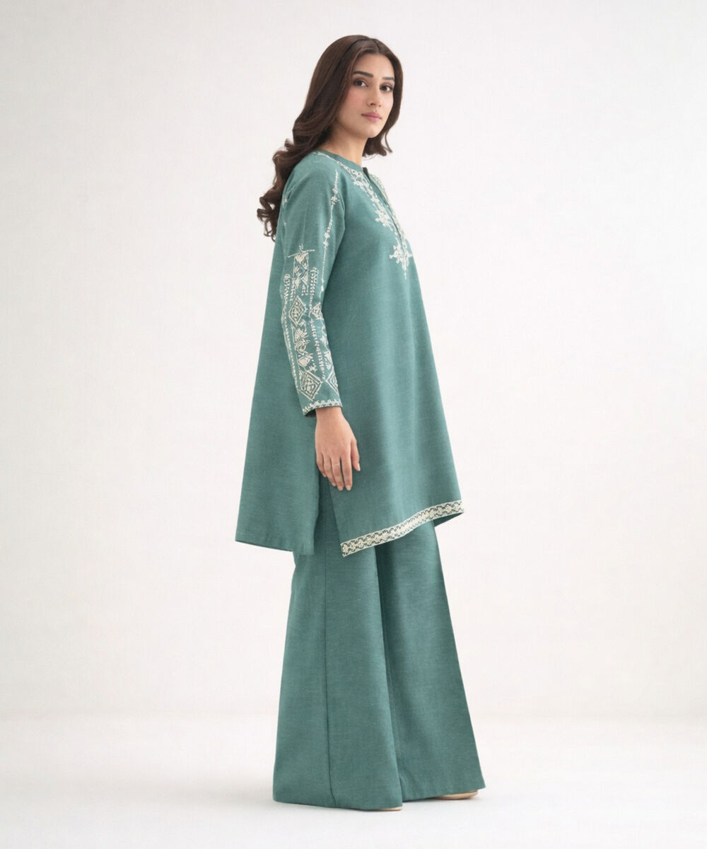 Women's Unstitched Linen Sea green 3 Piece Suit