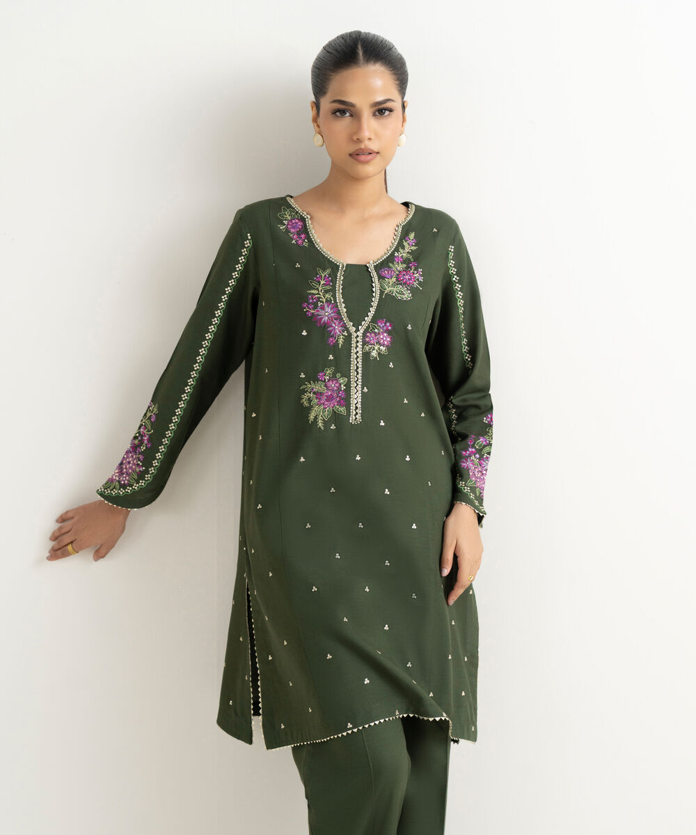 Women's RTW Cotton Viscose Green Embroidered A-Line Shirt