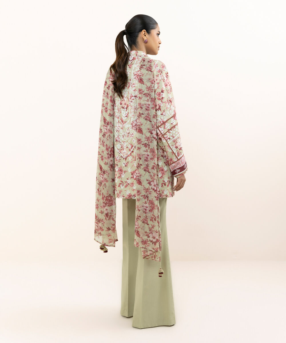 Women's Unstitched Cotton Viscose Embroidered Beige 3 Piece Suit