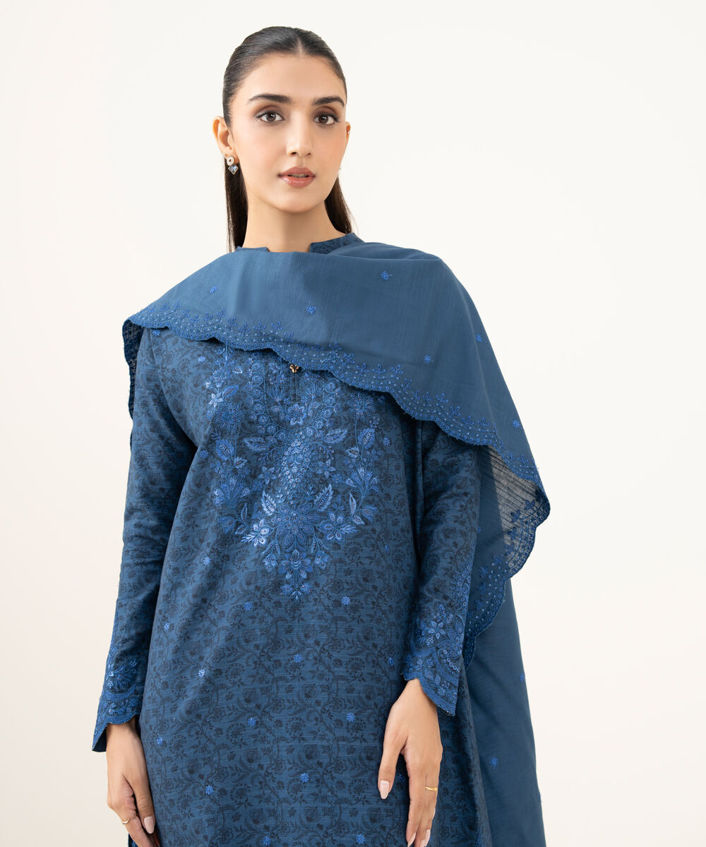 Women's Unstitched Cotton Embroidered Blue 3 Piece Suit