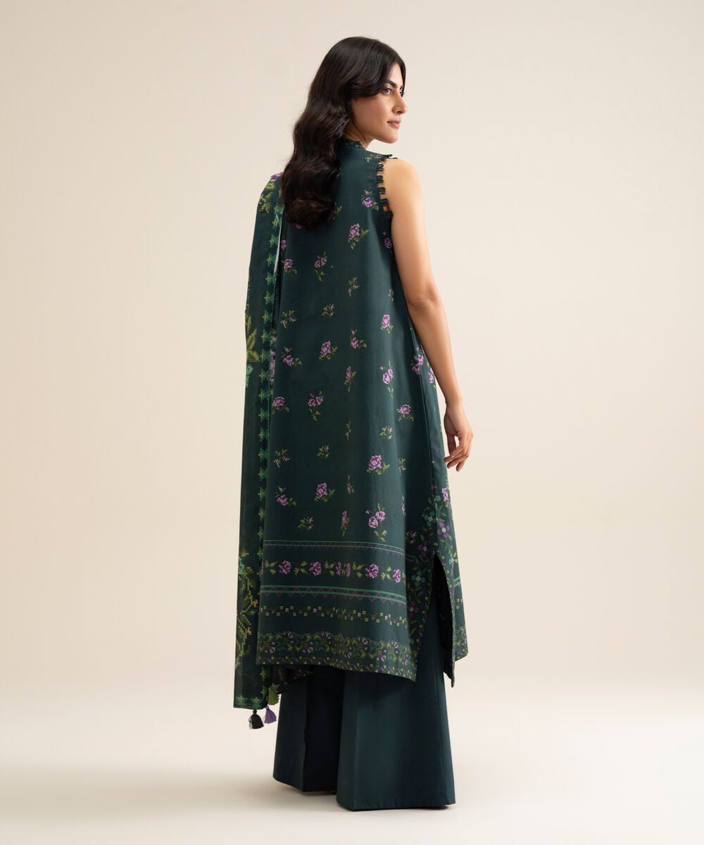 Women's Unstitched Cotton Printed Teal Green 3 Piece Suit