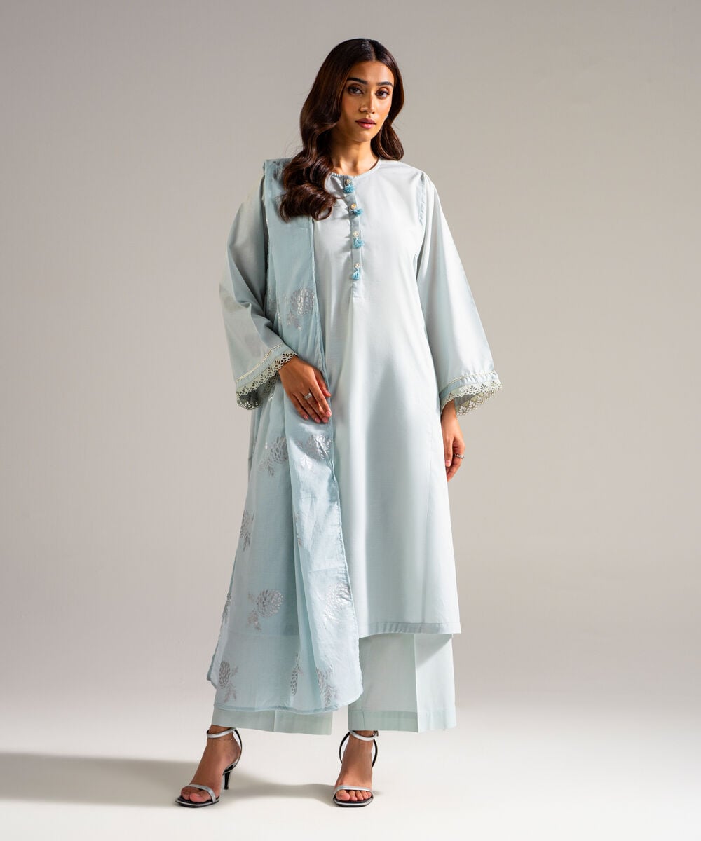 Women's RTW Slub Lawn Solid Blue 3 Piece Suit