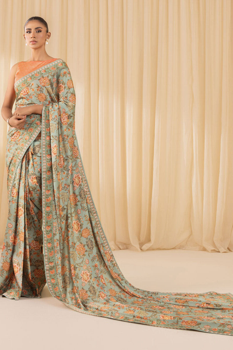 3 Piece -  Printed Satin Saree