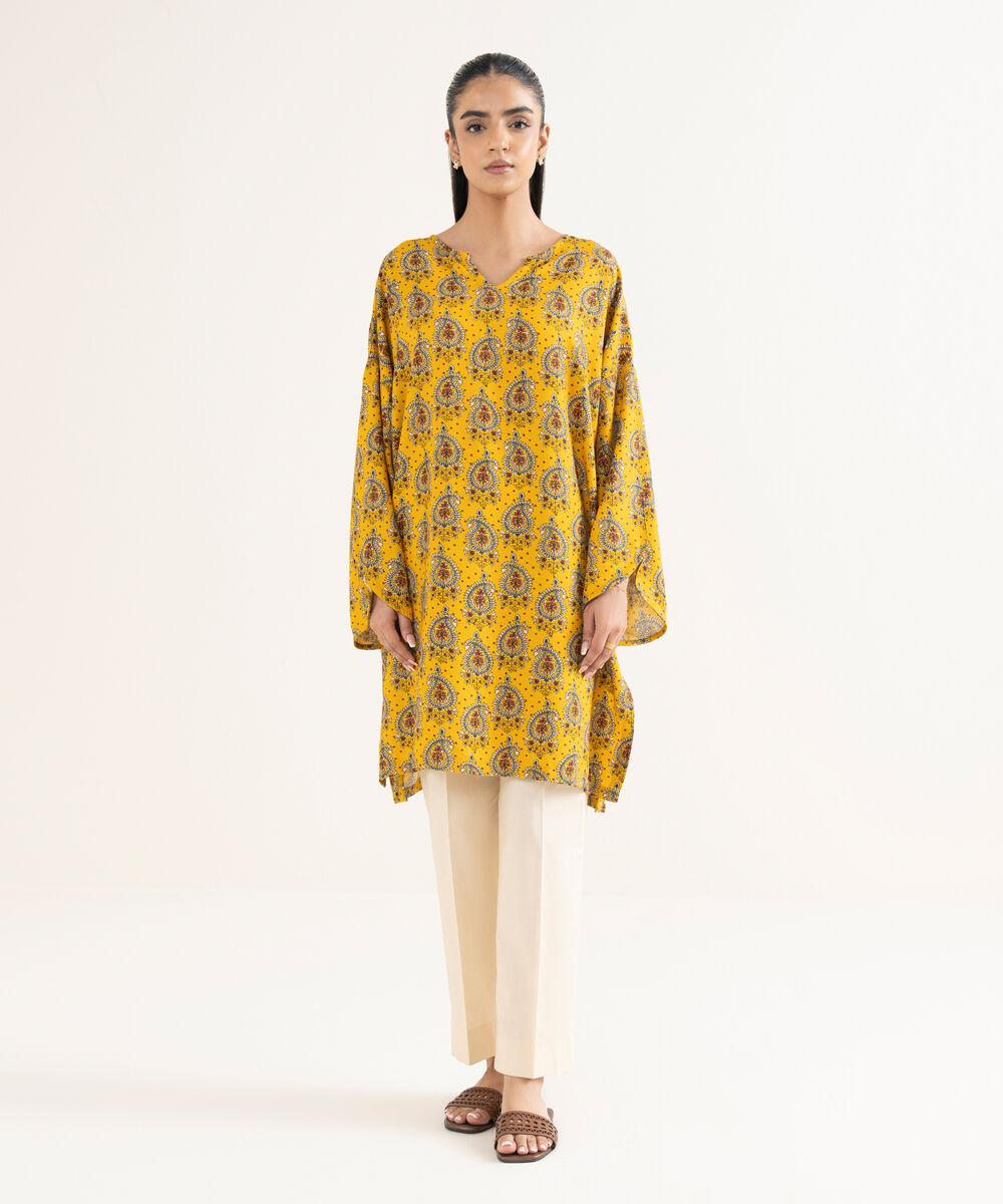 Women's RTW Cotton Printed Drop Shoulder Yellow Shirt