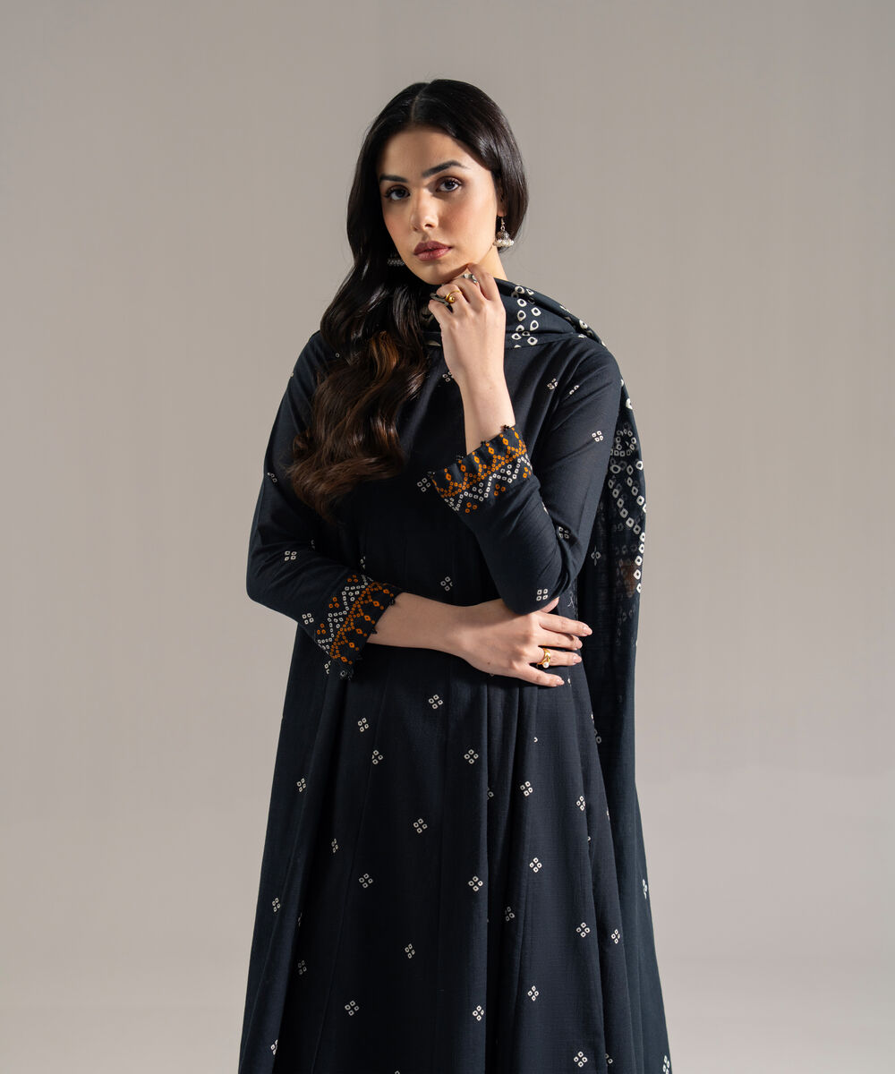 Women's RTW Khaddar Printed Black 3 Piece Suit