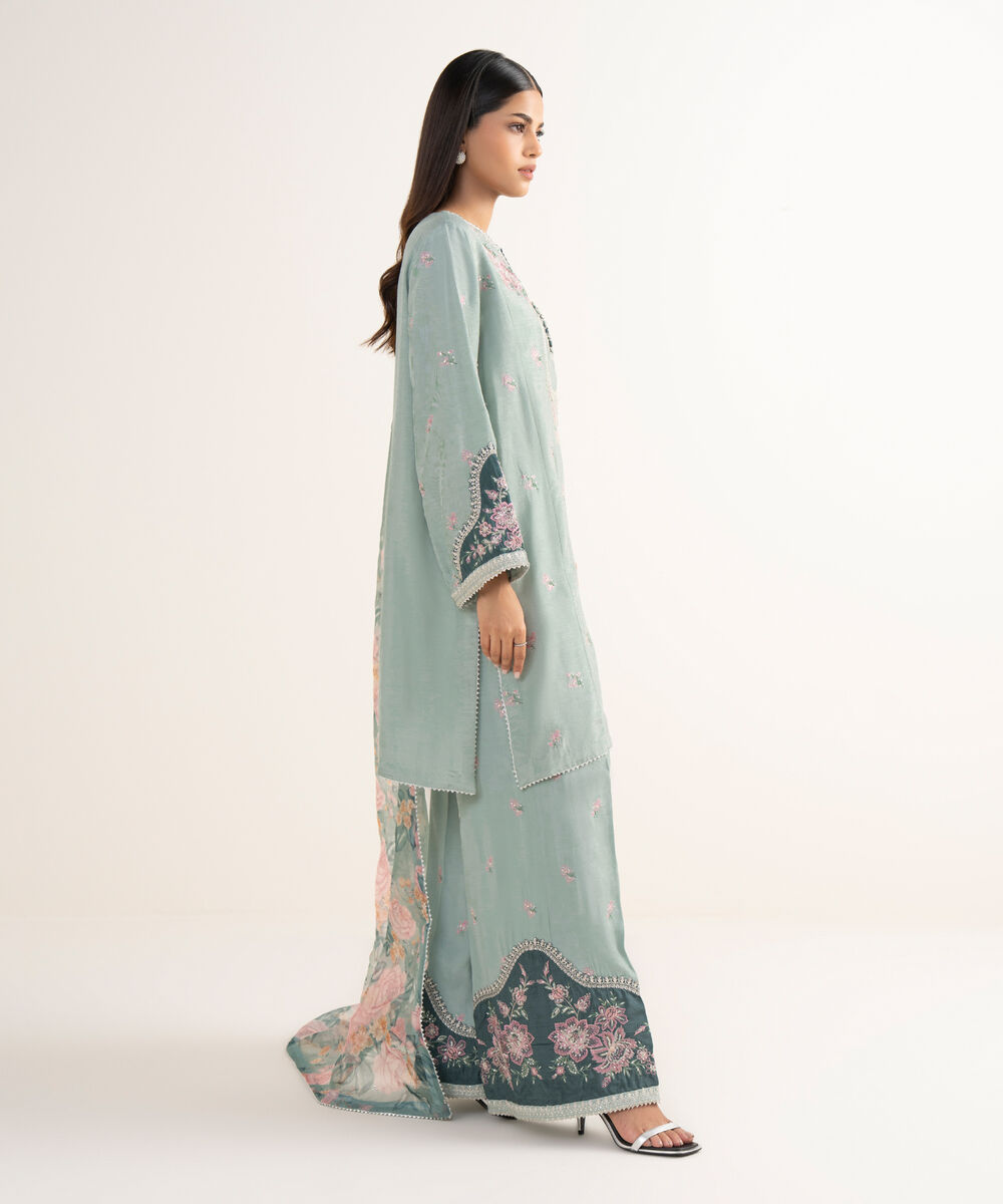 Women's RTW Raw Silk Green Embroidered 3 Piece Suit