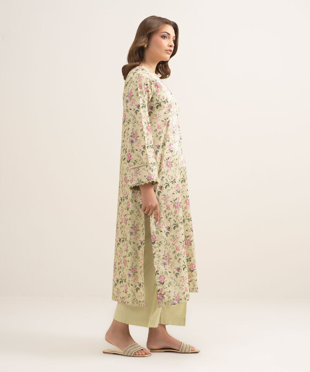 Women's RTW Lawn Embroidered Sand Green A-Line Shirt