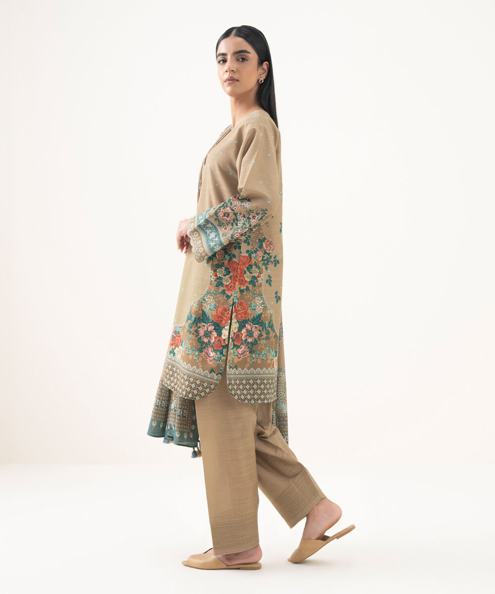Women's Unstitched Light Khaddar Embroidered Beige 3 Piece Suit