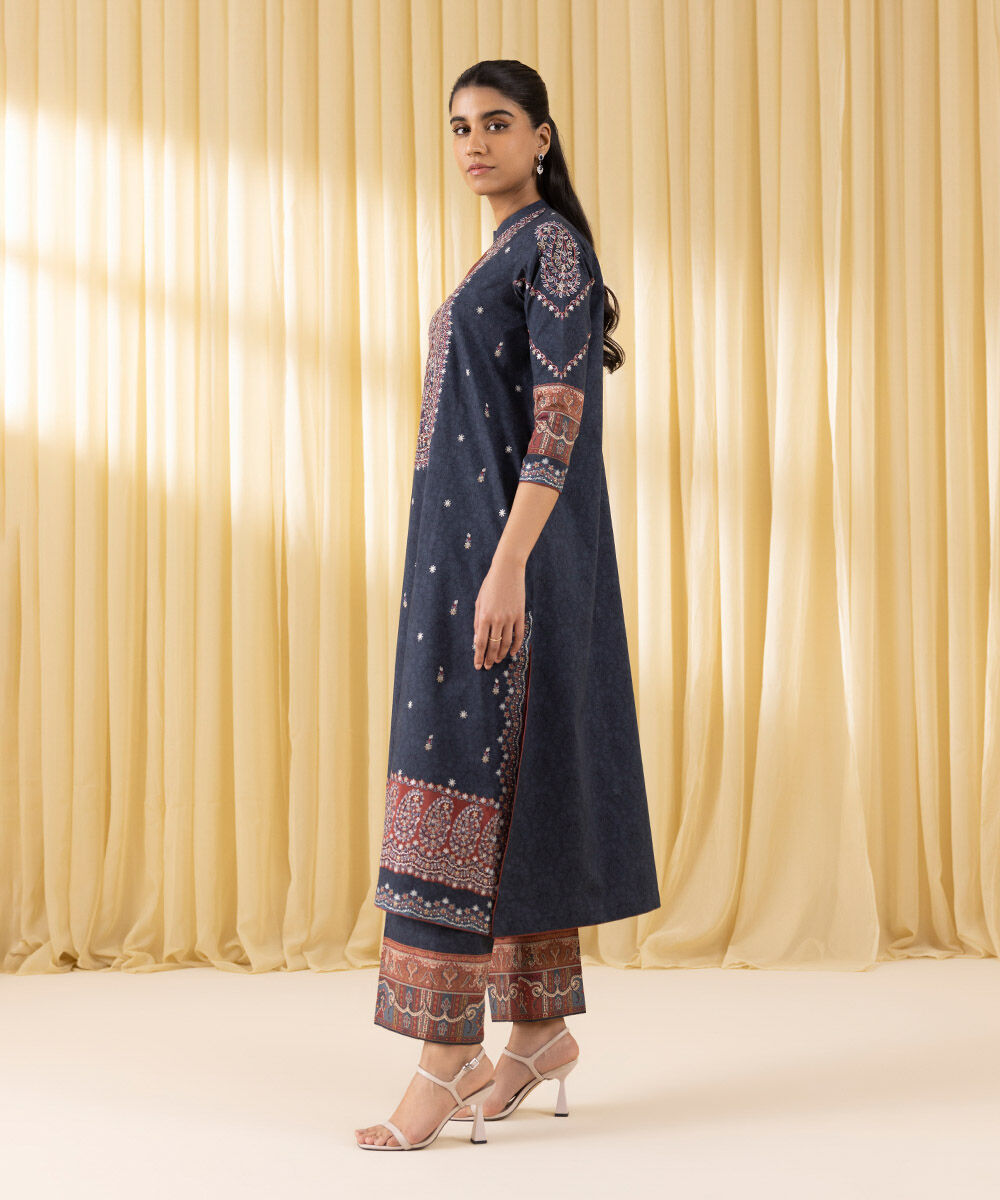 Unstitched Women's Blue Lawn Embroidered 3 Piece Suit
