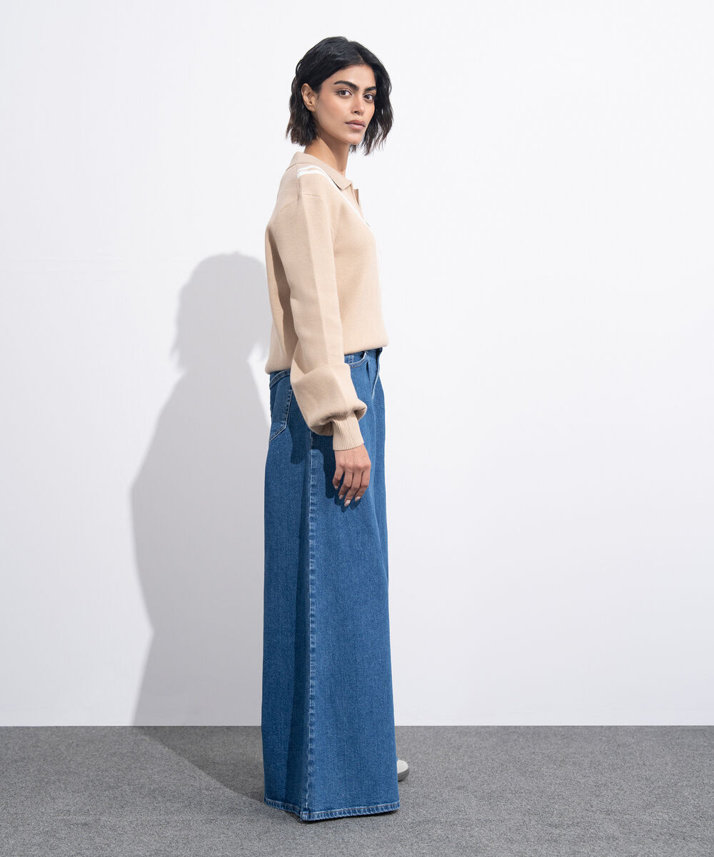 Women's Western Wear Beige Striped Polo Knit Sweater