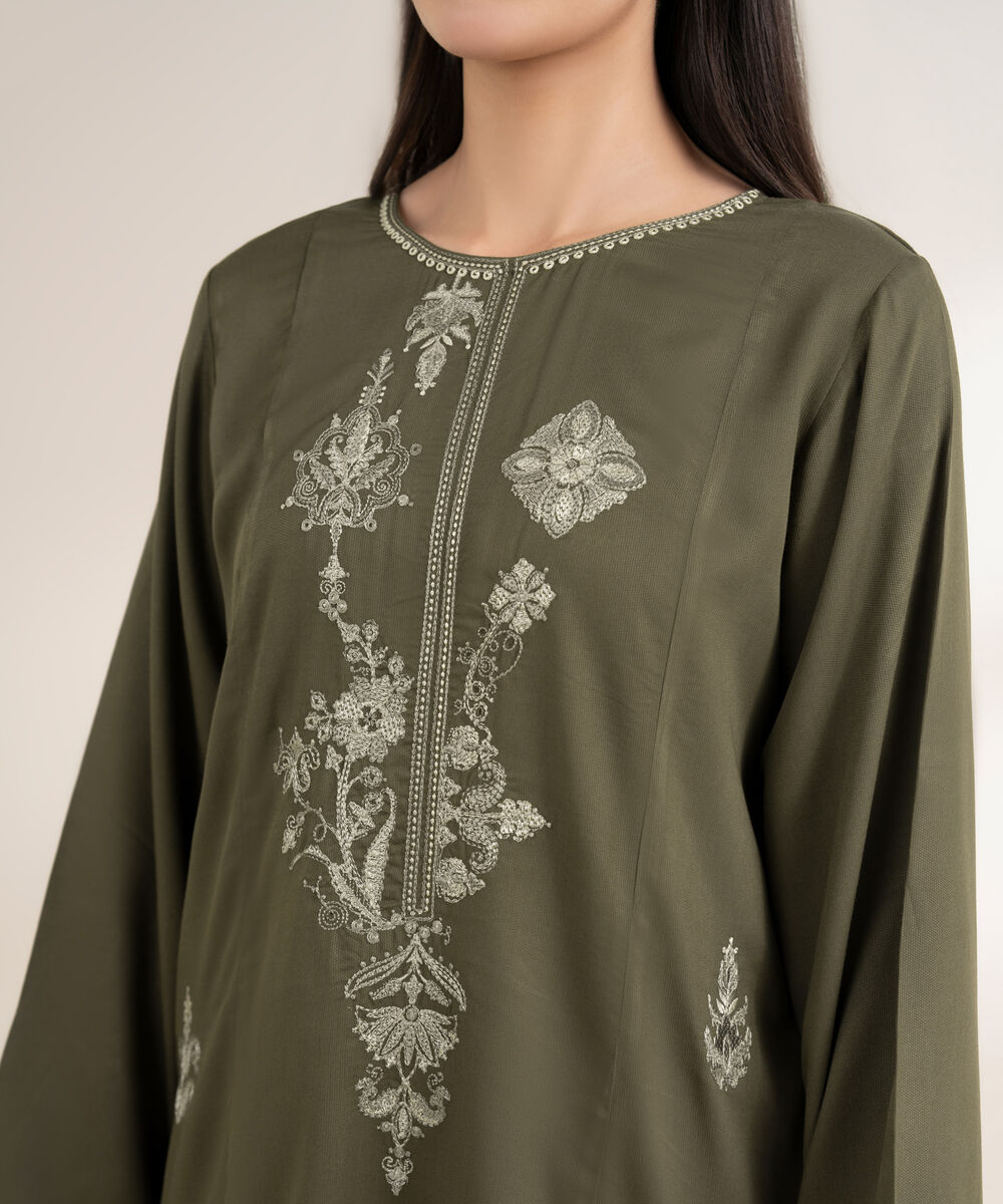 Women's RTW Bedford Embroidered Straight Olive Green Shirt