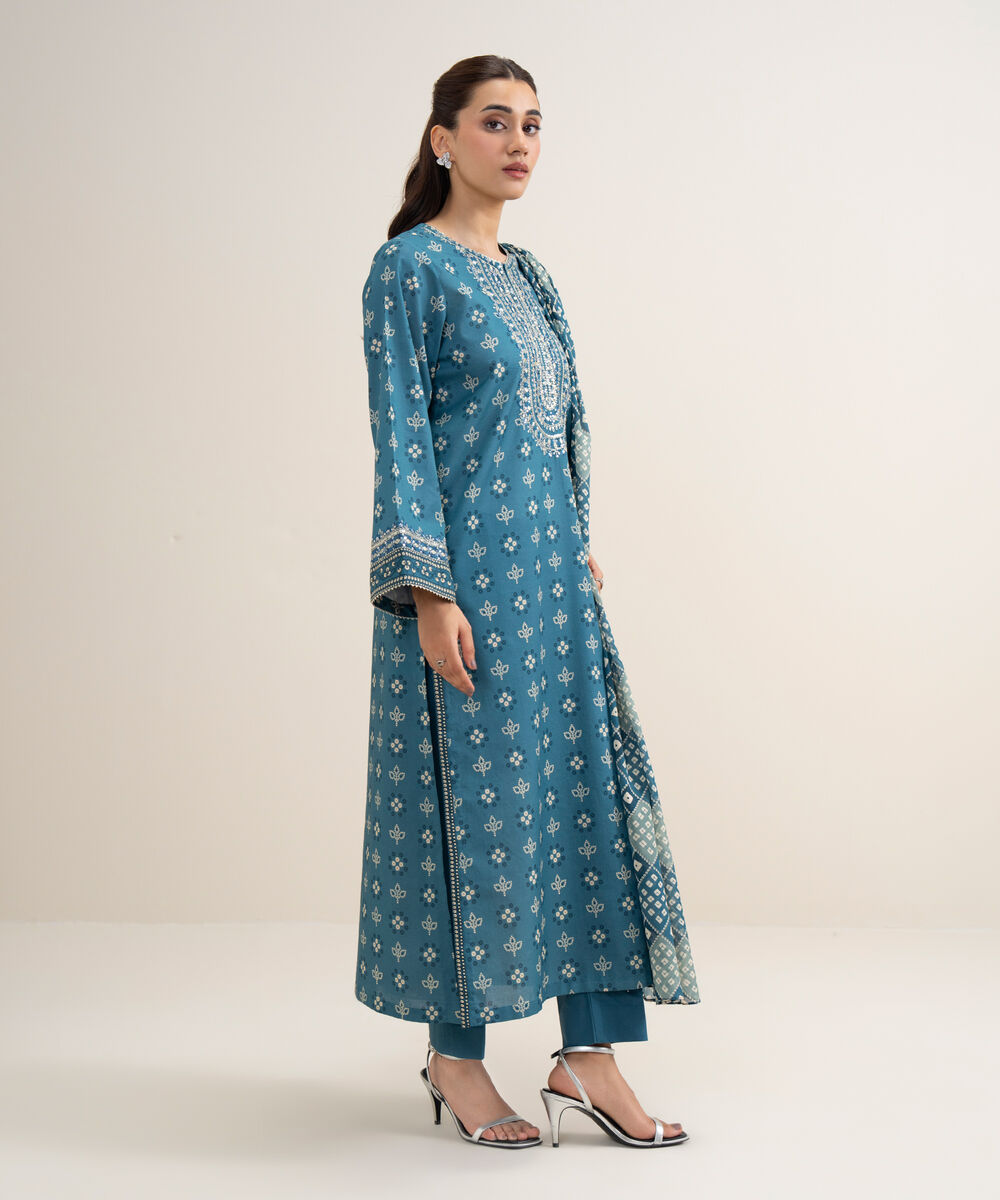 Women's Unstitched Lawn Embroidered Teal Dark 3 Piece Suit