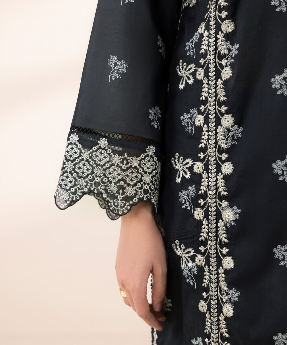 Women's RTW Lawn Black Embroidered A-Line Shirt