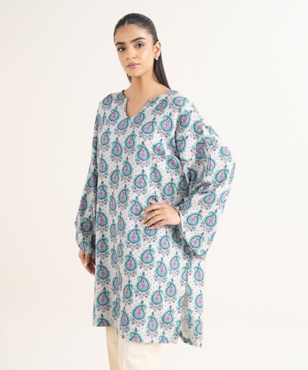 Women's RTW Cotton Printed Drop Shoulder Grey Shirt