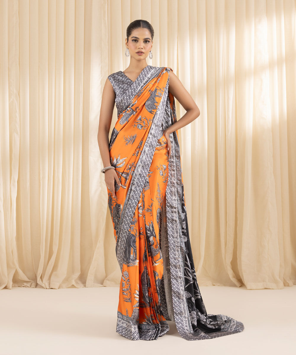 Women's Embroidered Blended Satin Orange Saree