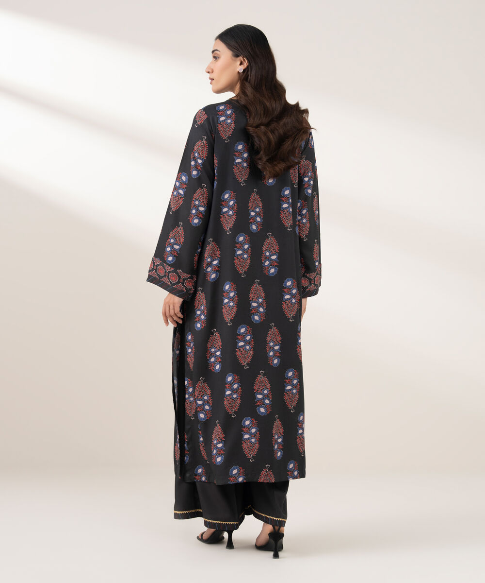 Women's RTW Viscose Linen Printed Straight Black Shirt