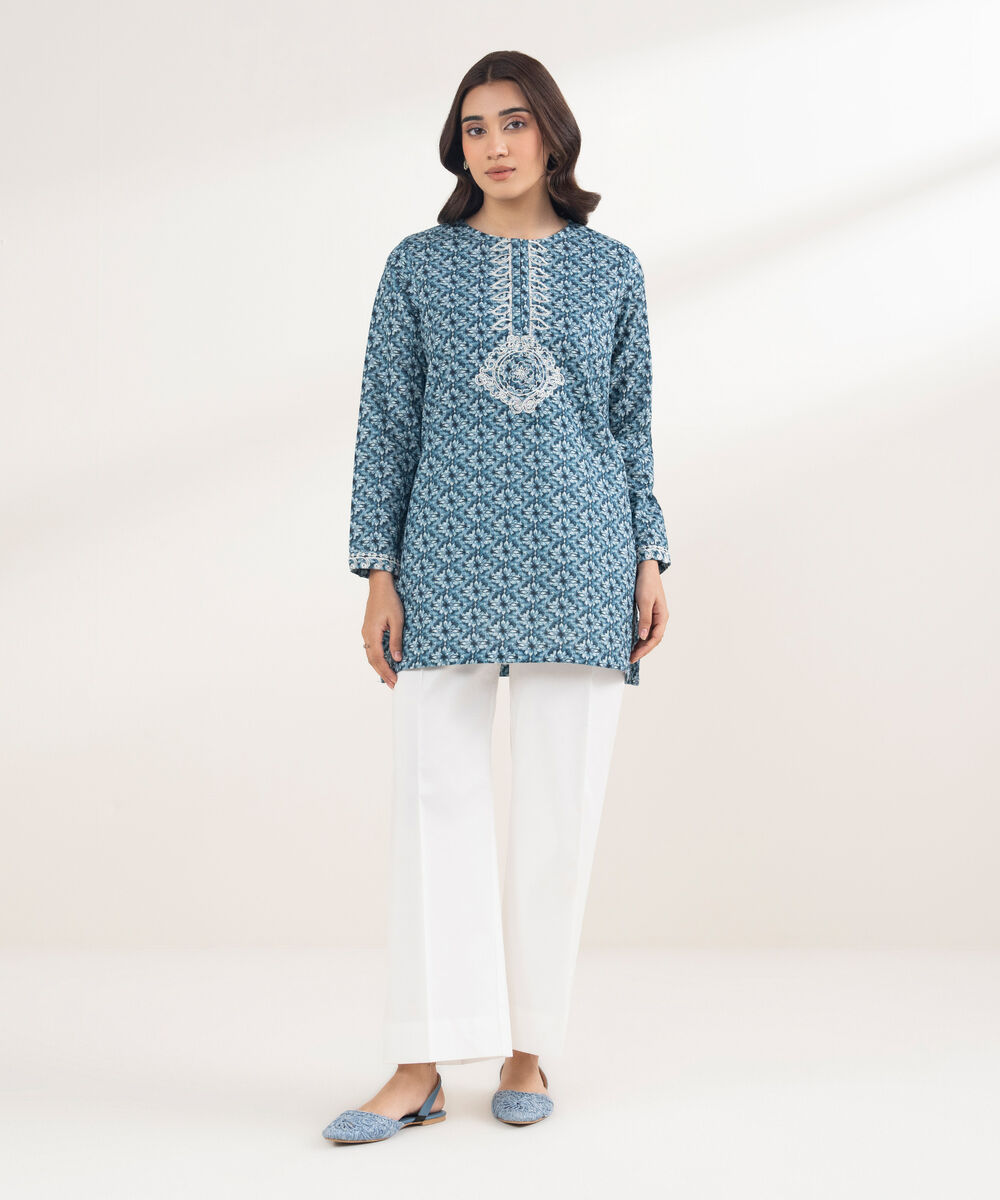 Women's RTW Khaddar Embroidered Blue Shirt