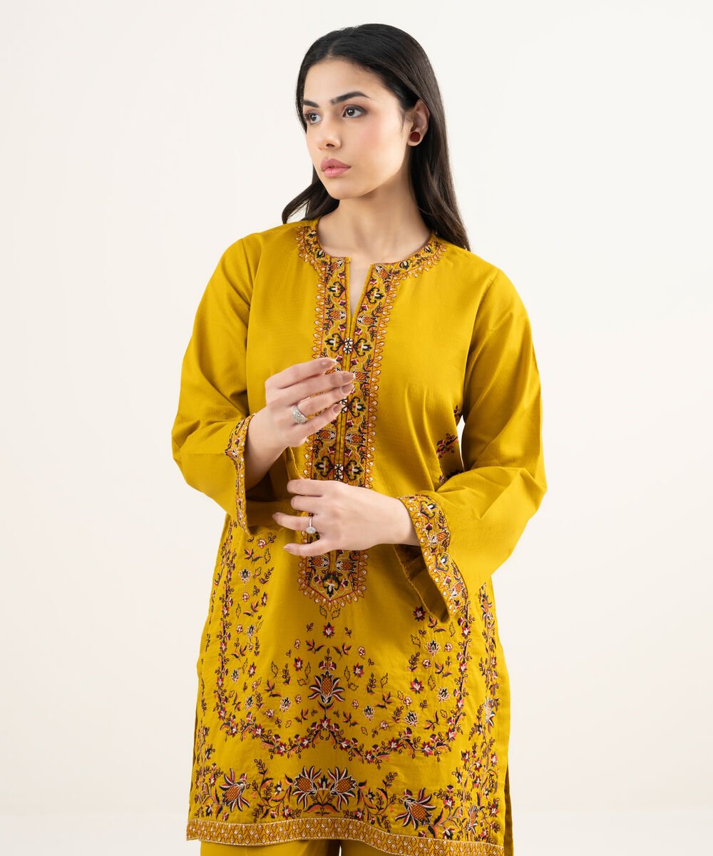 Women's RTW Dobby Embroidered Mustard Straight Shirt
