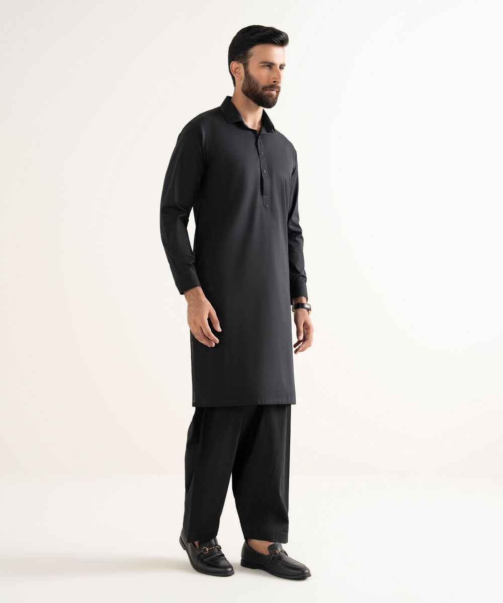 Men's Wash & Wear Plain Black Kurta Shalwar