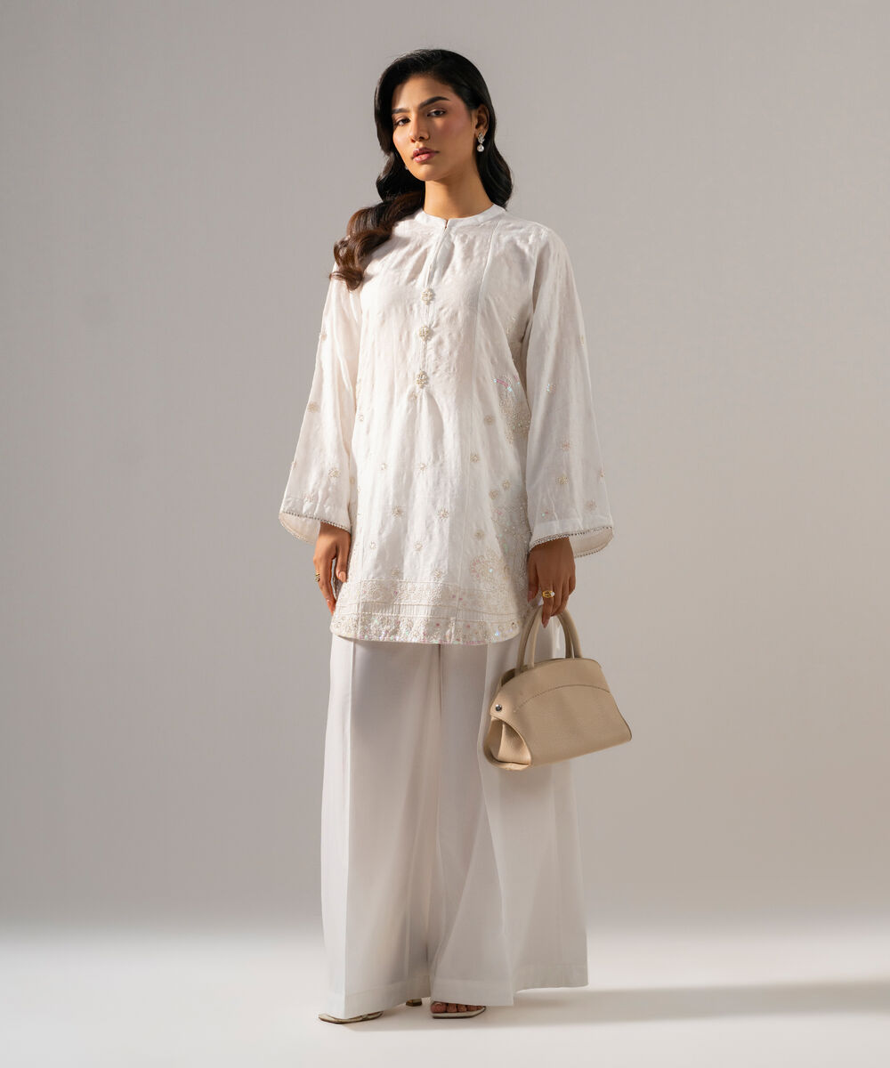 Women's RTW Self Jacquard Solid Embroidered Off White 2 Piece Suit