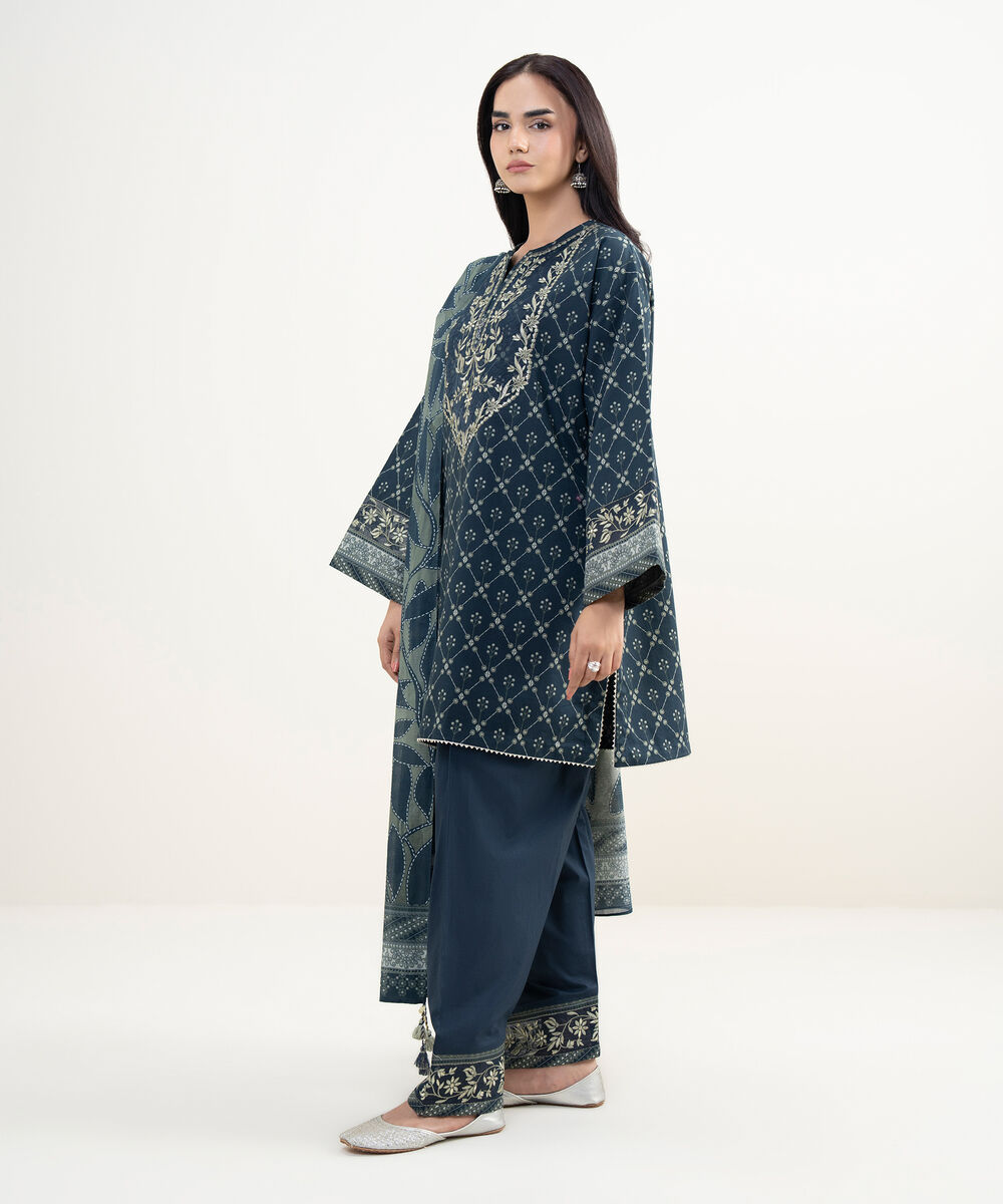 Women's Unstitched Lawn Embroidered Blue 3 Piece Suit