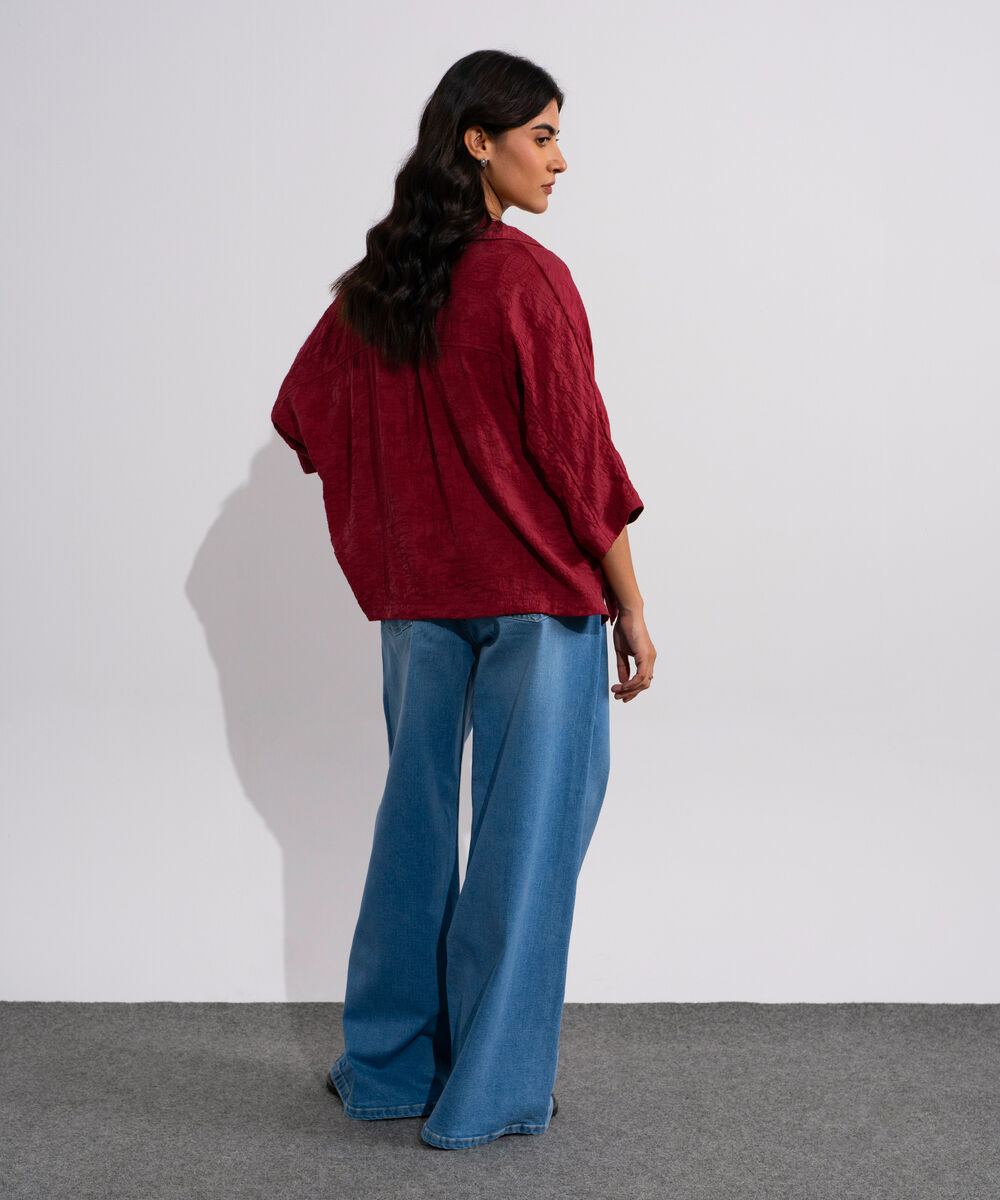 Women's Red Loose Fit Top With Kimono Sleeves