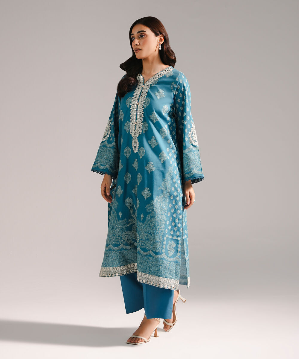 Women's RTW Textured Cotton Embroidered Blue 2 Piece Suit