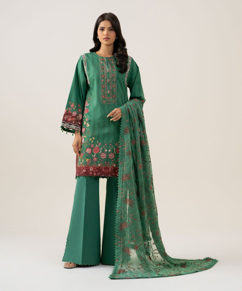 Women's Unstitched Blended Chiffon Printed Green  3 Piece Suit