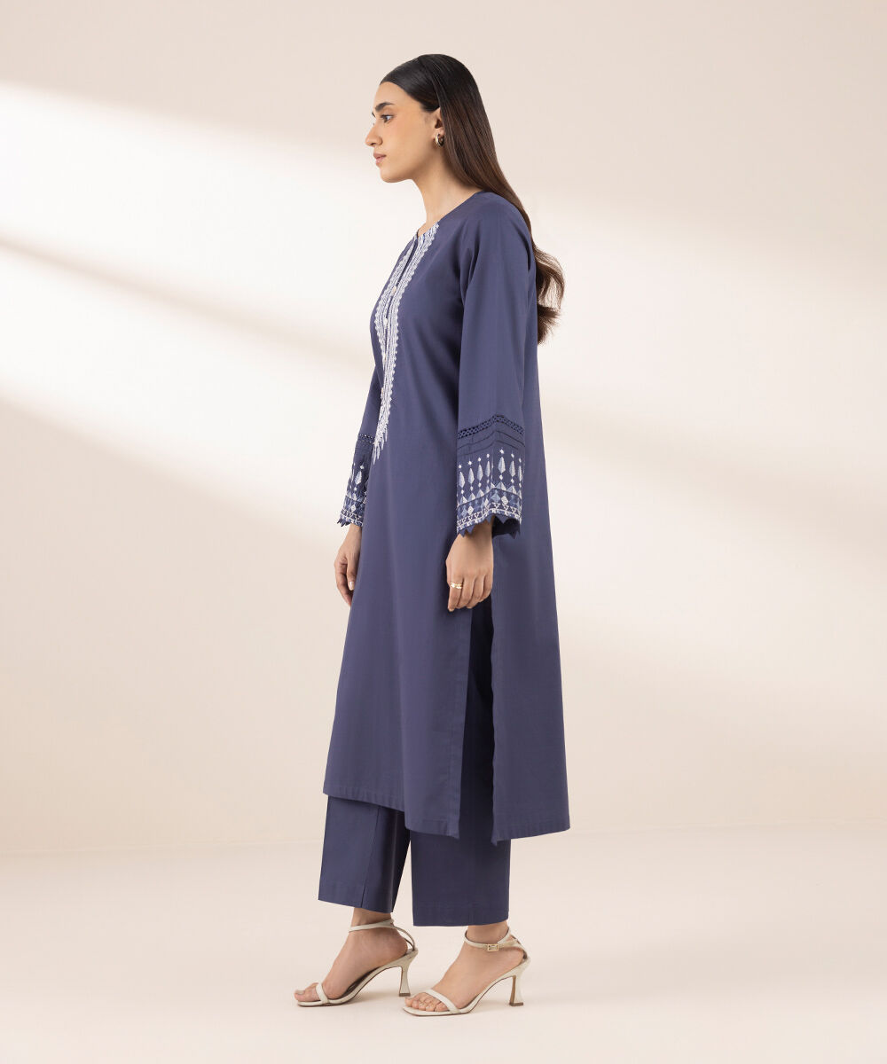 Women's RTW Cross Hatch Blue Embroidered A-Line Shirt