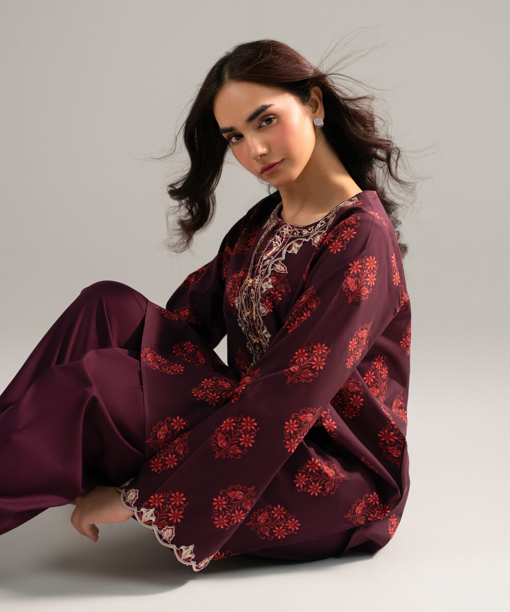 Women's RTW Lawn Embroidered Deep Brown Straight Shirt
