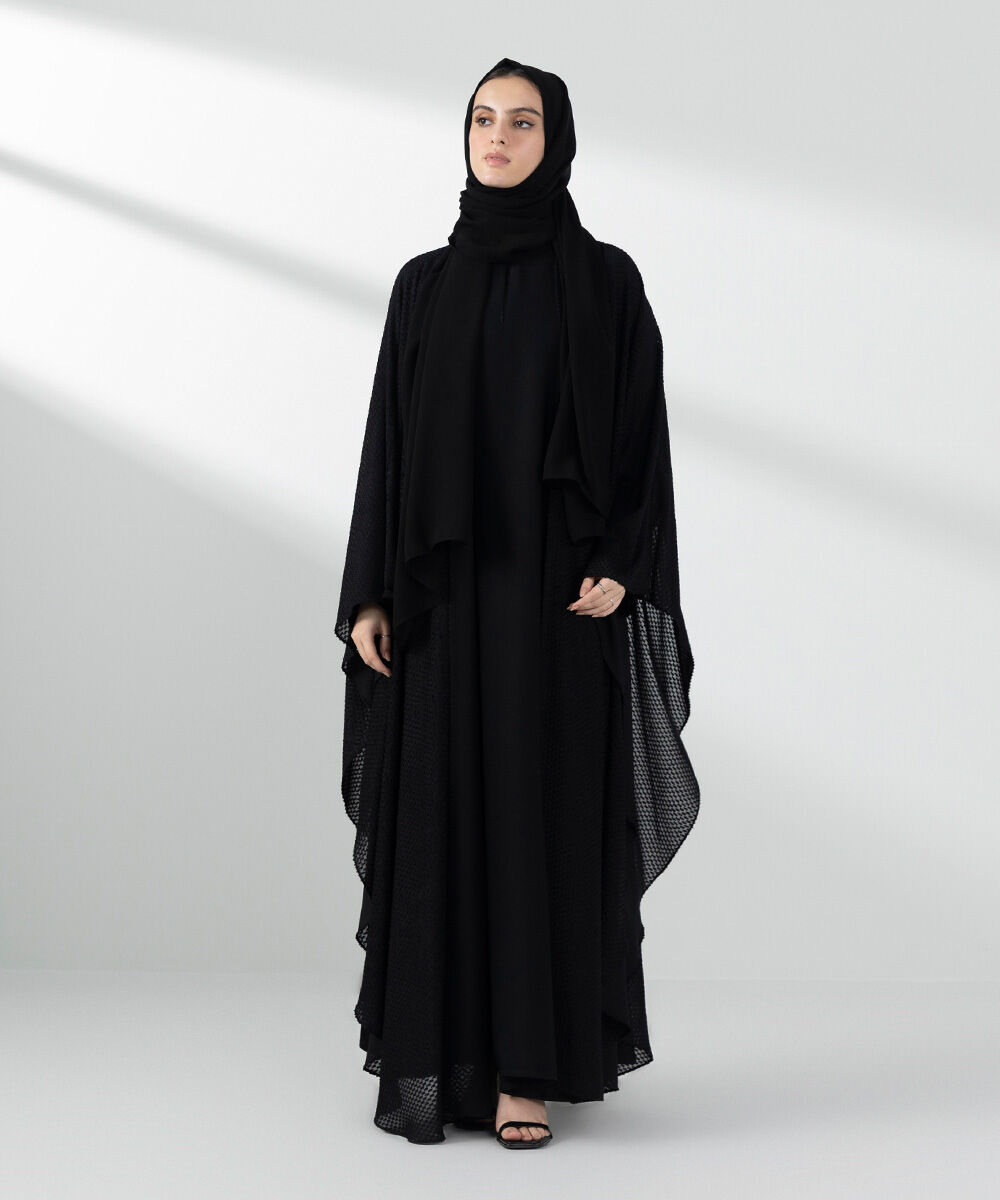 Woman - Black Front Open Cape Abaya Set