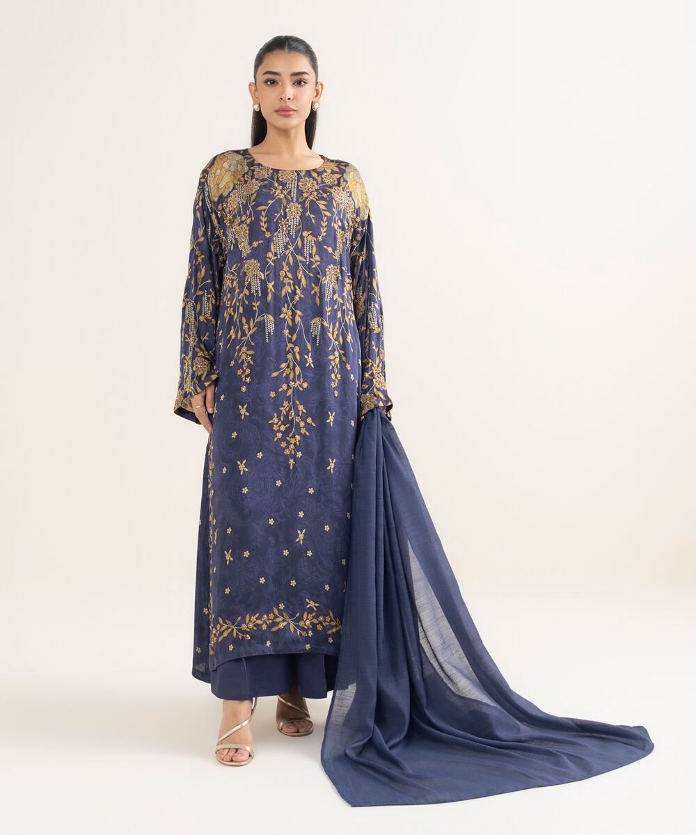 Women's RTW Blended Satin Embroidered Blue 3 Piece Suit