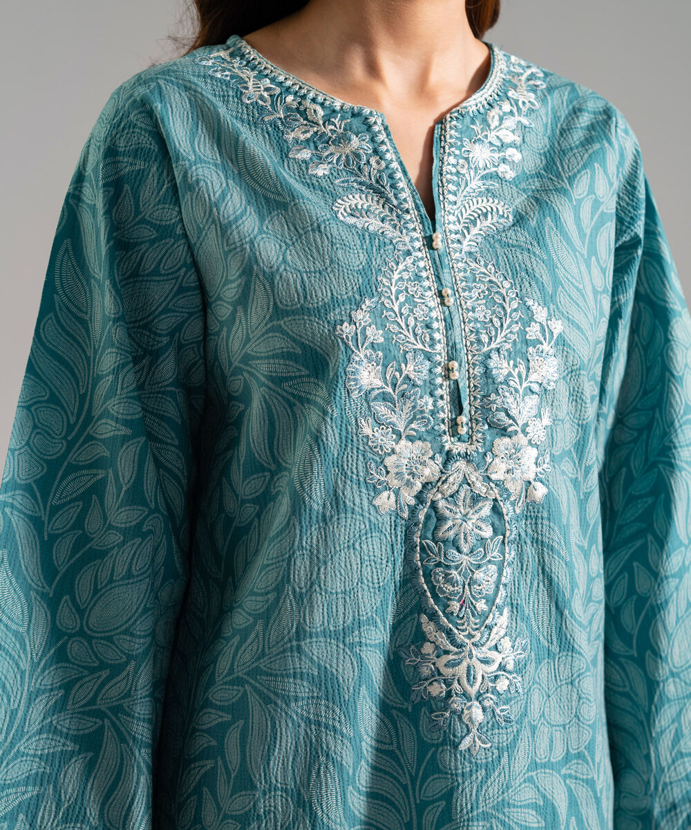 Women's RTW Seersucker Embroidered Green 2 Piece Suit