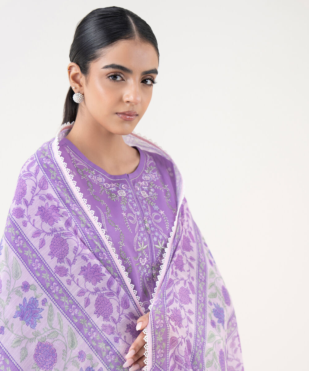 Women's Unstitched Raw Silk  Embroidered Lilac 3 Piece Suit