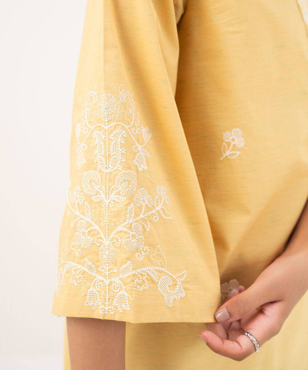 Women's RTW Textured Cotton Yellow Embroidered A-Line Shirt