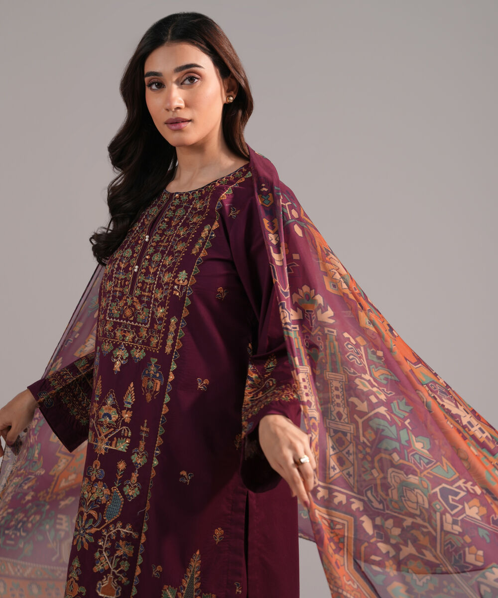 Women's RTW Lawn Embroidered Purple 3 Piece Suit